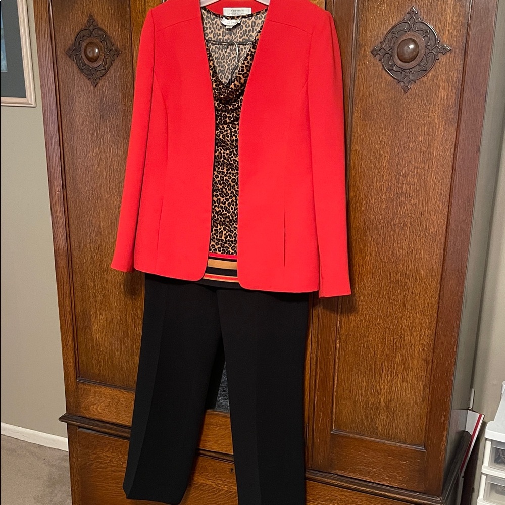 Tahari ASL Red Blazer with Black Pants and Animal Print Tank.